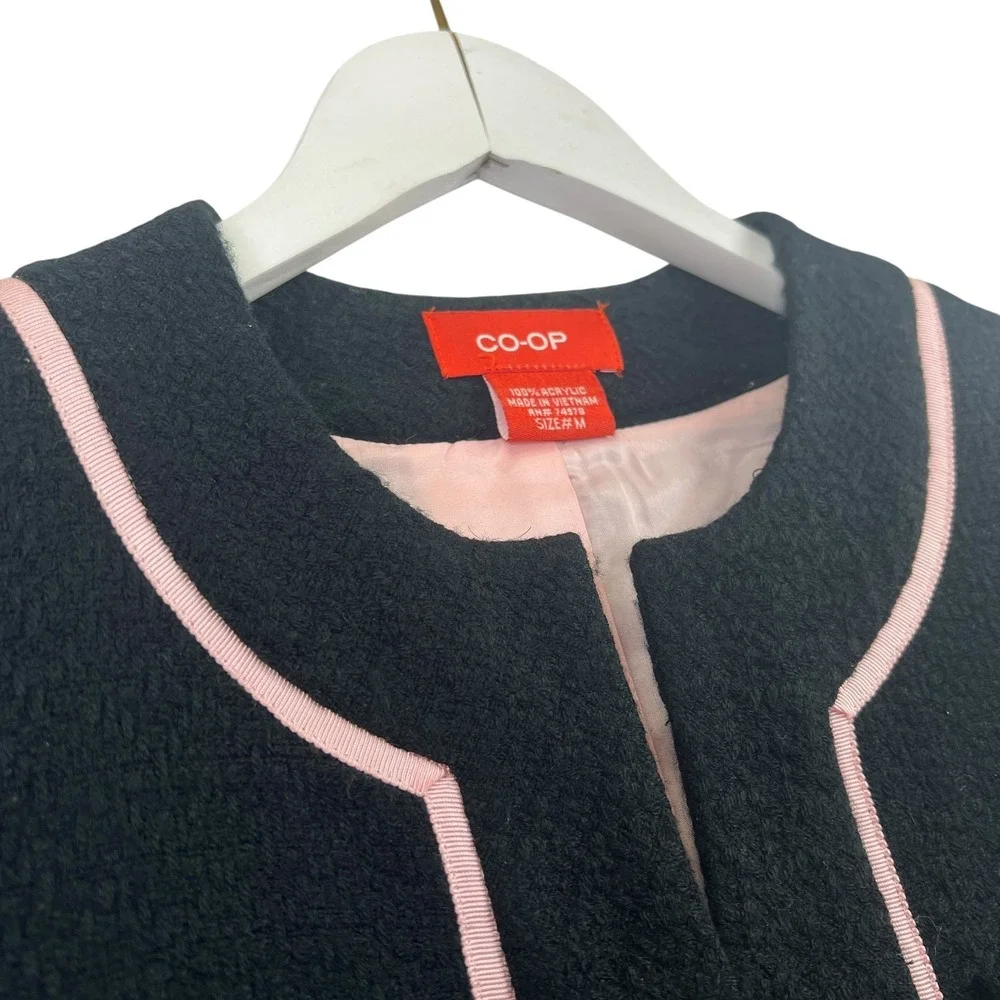 CO-OP Cropped Jacket Womens Tweed Textured Ribbon Trim Black Pink Chic Size M‎